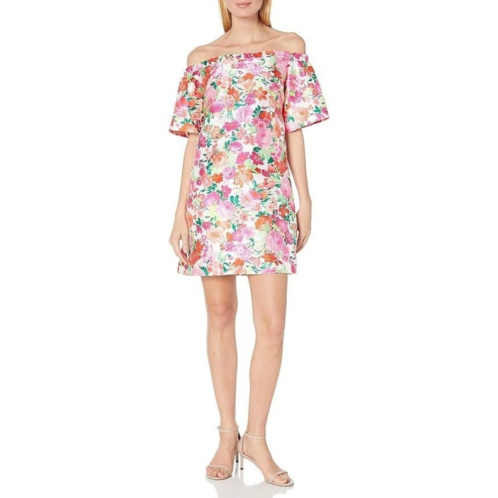 HELENE BERMAN London England women's floral dress bright pink off shoulder Large